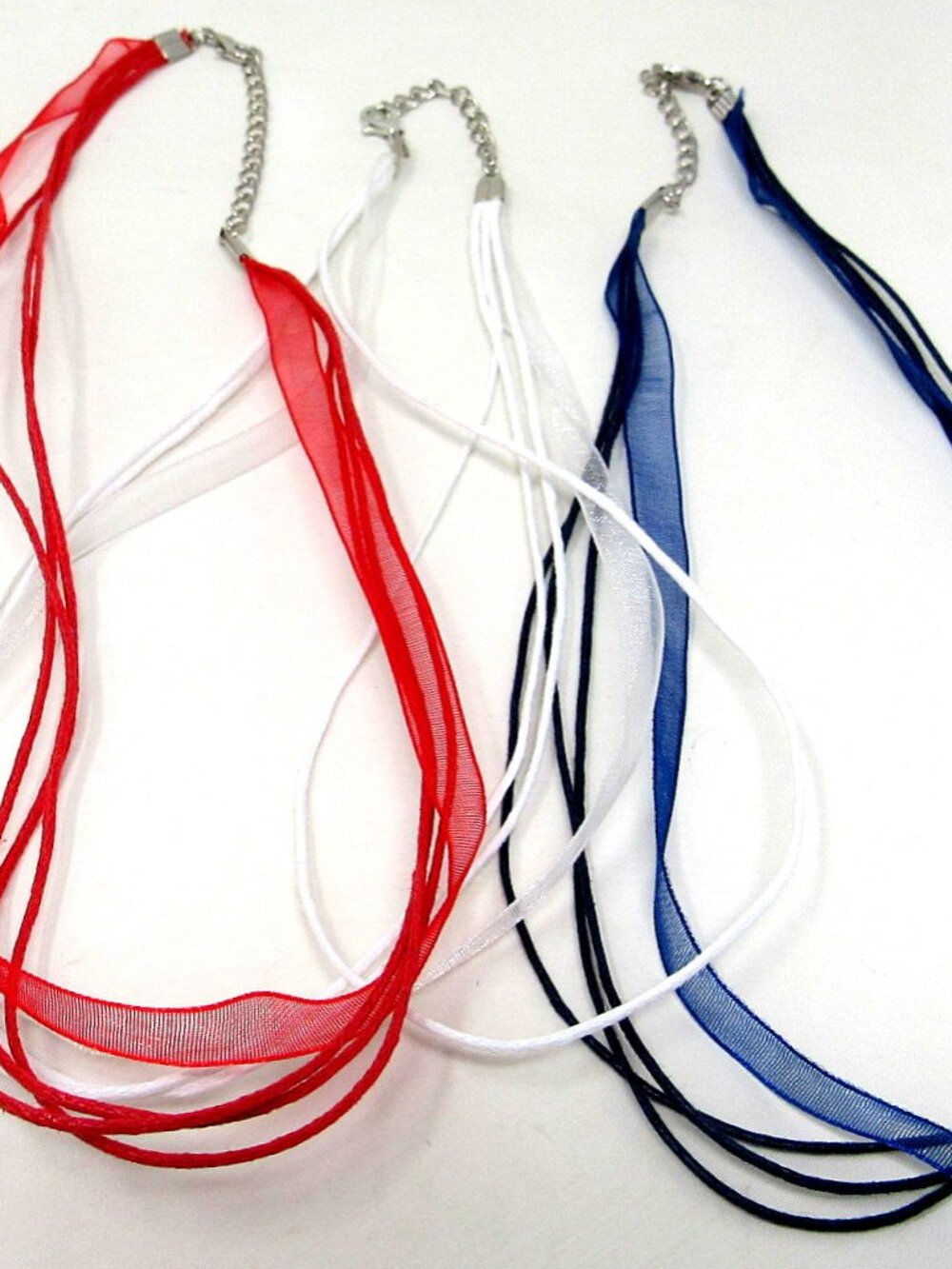 3 Ribbon Necklaces USA Patriotic Colors Choker Organza 3 Cords Adjusts 18-20inch